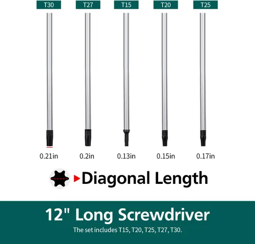 Miniatura 2 de Juego de destornilladores Torx extralargos, 5 destornilladores magnéticos Torx de 12 pulgadas, T15 - T30 (T15, T20, T25, T27, T30) Destornilladores