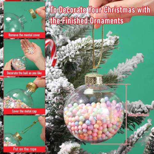 Miniatura 5 de Chalyna 12 Piezas 67 Mm/2.64 Pulgadas Adornos de Bola Transparente de Navidad de Plástico Rellenables con Cuerda y Tapa de Metal Adornos Colgantes