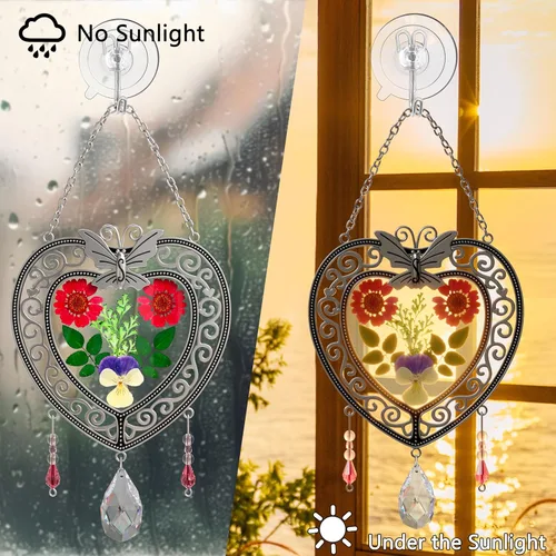 Miniatura 8 de KY&BOSAM Atrapasoles de cristal con forma de corazón, árbol de la vida, paneles de vitrales, colgantes de flores reales para ventanas, hogar