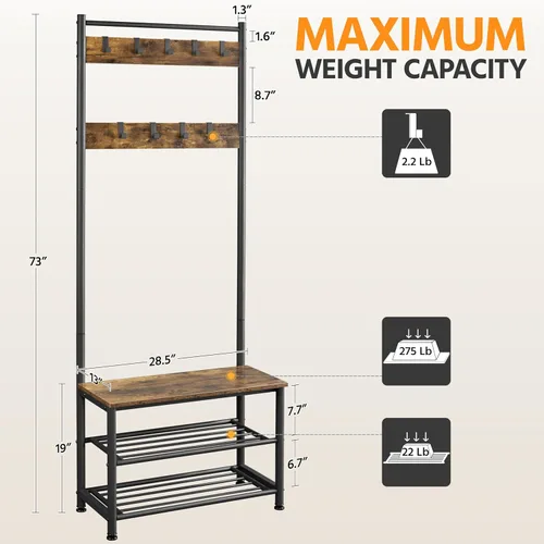Miniatura 3 de Yaheetech - Perchero, 3 en 1, árbol de pasillo con banco y almacenamiento para zapatos, banco independiente para entrada con perchero, Marrón rústico