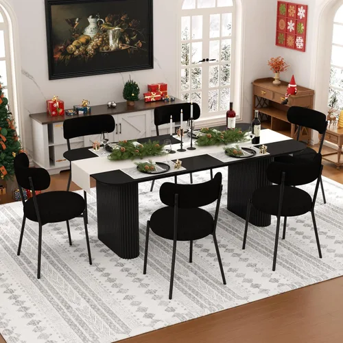 Miniatura 17 de Juego de mesa de comedor ovalada negra moderna de 70.9 pulgadas para 4, mesa de cocina rectangular estilo crema con sillas negras Boucle, juego