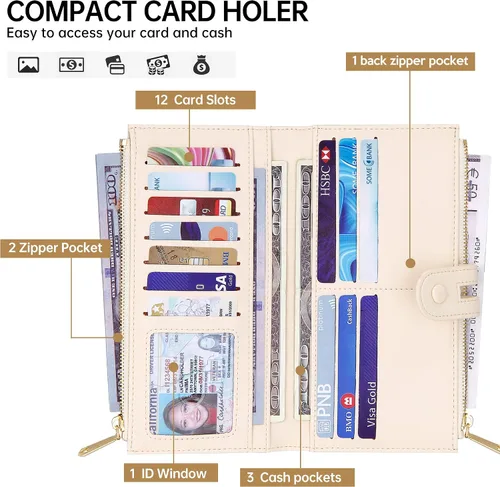 Miniatura 4 de GEEAD Slim mujeres carteras cuero plegable multi titular de la tarjeta de la cartera con cremallera bolsillo gran capacidad, Beige Marrón, Compacto