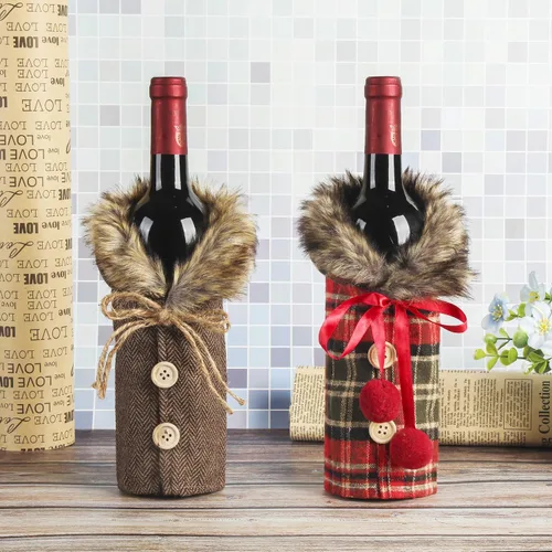 Miniatura 7 de Tanlee 6 fundas de suéter de Navidad a cuadros para botellas de vino con cuello de piel sintética y diseño de capa de botón para decoraciones