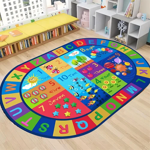 Miniatura 13 de Tapete de aprendizaje educativo para niños, 3 x 4 pies, tapete decorativo con diseño de planeta y alfabeto ABC, ovalado, grande, antideslizante