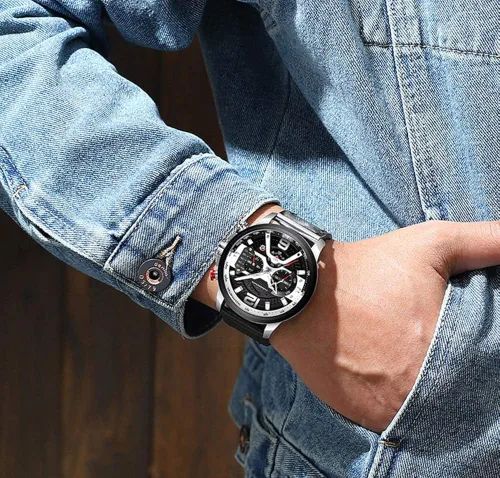 Miniatura 6 de Reloj de pulsera analógico de cuarzo para hombre, cronógrafo, impermeable, correa de cuero, correa de cuero, reloj de pulsera