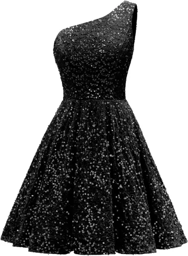 Hjindpr Vestidos de lentejuelas de un hombro para adolescentes, vestido corto de graduación 2024, vestido formal acampanado brillante con bolsillos