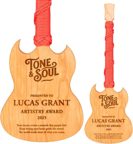 Miniatura 10 de Premio personalizado de guitarra Cherrywood, placa grabada personalizada con mango de paracaídas azul, 23 x 8 pulgadas Regalo para músicos