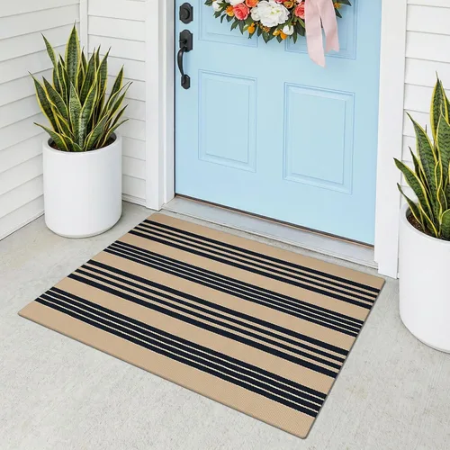 Miniatura 40 de KOZYFLY Alfombra a rayas blancas y negras de 2 x 3 pies, tejido de algodón, lavable, para interiores y exteriores, alfombra pequeña para puerta