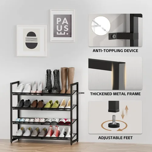Miniatura 7 de Zapatero de metal para armario, entrada, organizador de zapatos de 4 niveles, estantes planos o angulares ajustables, capacidad para hasta 20 pares