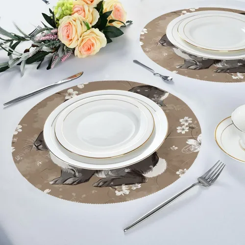 Miniatura 6 de Manteles individuales de conejo blanco y negro, almohadillas resistentes al calor para mesa de comedor, manteles individuales circulares lavables