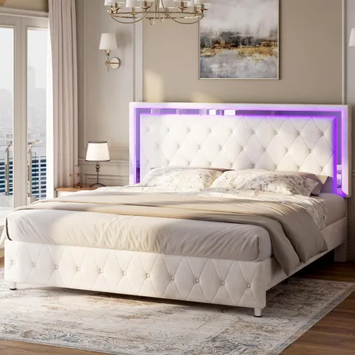 Jocisland Base de cama matrimonial con cabecero y estribo de luces LED, tapizado de terciopelo, plataforma de tamaño matrimonial, no necesita Crema