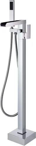 Wowkk Llenador de bañera independiente, grifo de bañera cascada, cromo, montaje en piso, latón, manija única, grifos de baño con ducha de mano