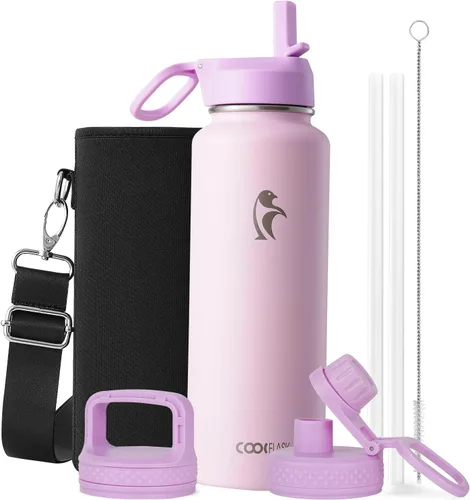 Miniatura 32 de Coolflask Botella de agua de 20 onzas aislada con pajilla, 3 tapas de metal de acero inoxidable, botella de agua de boca ancha para deportes u