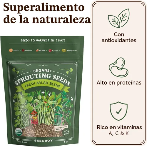 Miniatura 6 de Seedboy Semillas orgánicas sin OMG, mezcla de ensalada fresca, mezcla de microverduras cultivadas en Estados Unidos con alfalfa, brócoli, rábano