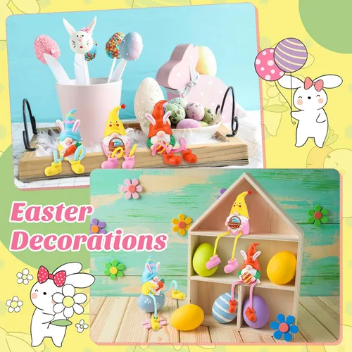 Miniatura 4 de 3 piezas Estatuillas de gnomos de conejo de Pascua con patas colgantes; decoraciones de resina de Pascua, figuras para adornos de estante