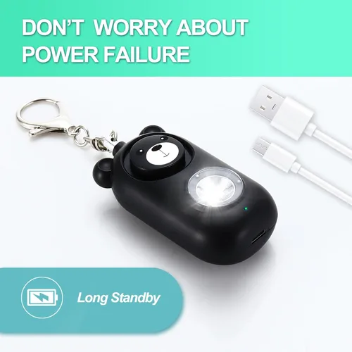 Miniatura 3 de Llavero de alarma de seguridad personal con luz LED, alerta de emergencia de 130 dB, diseño de oso recargable para mujeres, niños y niñas
