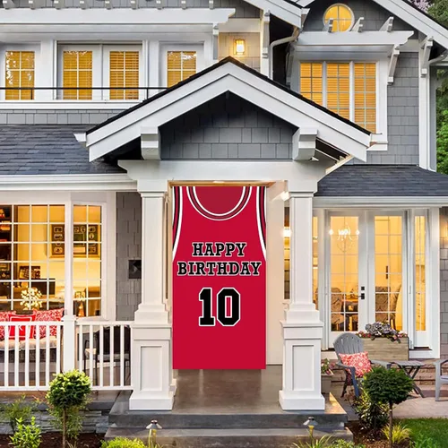 Miniatura 4 de Cartel de feliz cumpleaños 10 pancarta de fondo rojo de baloncesto estrella jugador de deportes decoración para hombre niño 10 cumpleaños