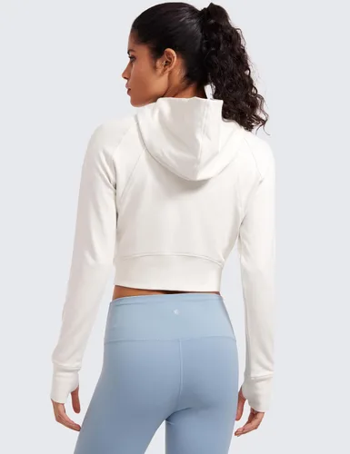 Miniatura 2 de CRZ YOGA Sudadera corta con capucha de forro polar con cremallera para mujer, para entrenamiento, atlética, casual, manga larga, con agujeros