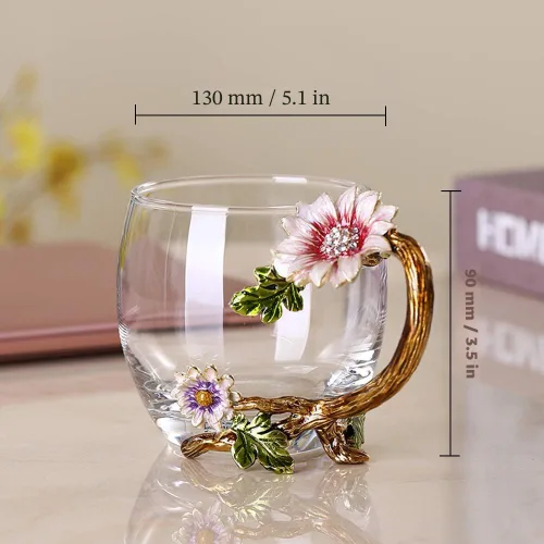 Miniatura 3 de Set de taza de té JY-Danbady de cristal esmaltado con girasol, sin plomo con cucharita, regalo para Navidad, día de San Valentín. El mejor regalo