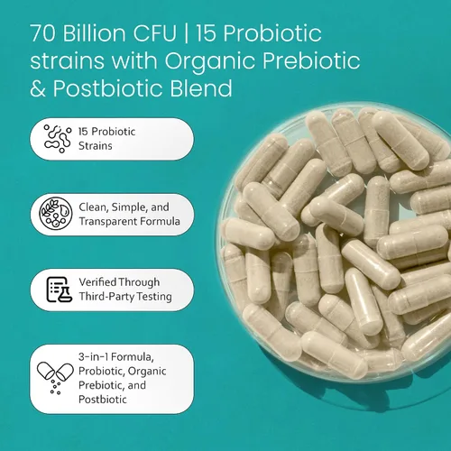 Miniatura 3 de NaturaLife Labs Probióticos 70 mil millones de CFU – 15 cepas con prebiótico y postbiótico orgánico – Fórmula 3 en 1 – 30 cápsulas veganas