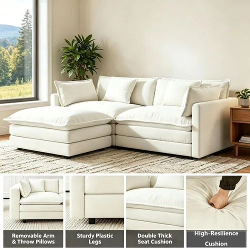 Miniatura 6 de Sofá modular modular con otomano: sofá moderno en forma de L de 76.7 pulgadas, cómodo sofá biplaza, sofá de 3 plazas de felpilla con almohada