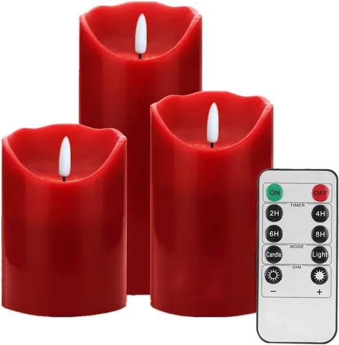 Miniatura 3 de HEIOKEY Juego de 3 velas rojas parpadeantes sin llama, velas que funcionan con pilas con control remoto de 10 teclas, vela eléctrica de pilar