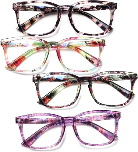 Miniatura 9 de Henotin - Juego de 4 gafas de lectura con bloqueo de luz azul para mujeres y hombres, con bisagra de resorte para computadora, anti rayos UV, Mezcla