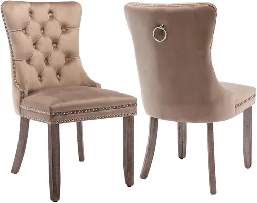 Miniatura 8 de Shenyon Juego de 2 Sillas de Comedor de Terciopelo Gris, Sillas de Comedor Tapizadas con Ribete de Anilla Trasera y Patas de Madera Maciza, Sillas