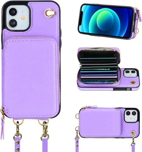 Miniatura 10 de Bocasal Funda tipo cartera cruzada para iPhone 12/12 Pro, funda de piel con bloqueo RFID y soporte para tarjetas, funda protectora con cremallera