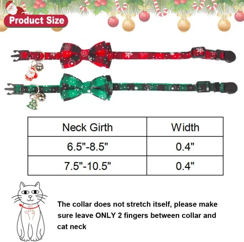 Miniatura 5 de ADOGGYGO Collar Navideño para Gato de Liberación Rápida con Pajarita y Campanilla - Paquete de 2 Collares Navideños a Cuadros Rojos y Verdes