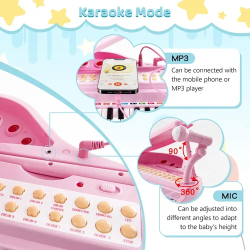 Miniatura 3 de Costzon Piano para niños, mini teclado de juguete de piano de cola de 31 teclas con micrófono, taburete y luces, piano electrónico portátil, juguete