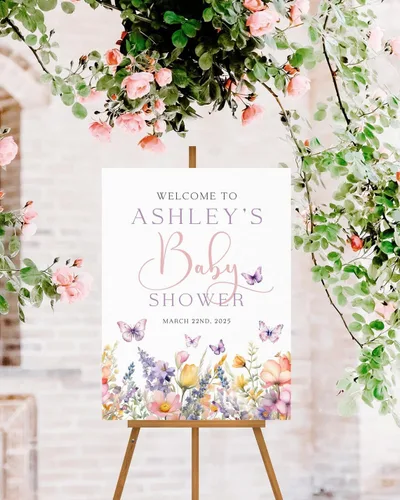 Miniatura 16 de Letrero de Bienvenida para Baby Shower de Flores Silvestres, Letrero de Baby Shower con Lazo Rosa, Póster de Bienvenida para Baby Shower, Decoración