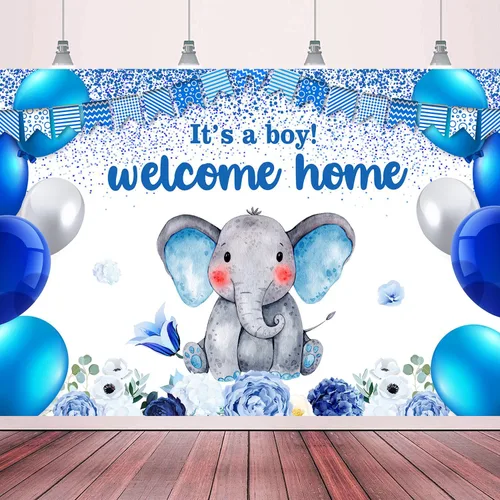 Cartel de revelación de género con texto en inglés "I'm a Boy" para fiesta de baby shower, cabina de fotos, decoración de fondo de elefante azul,