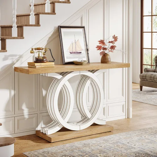 Miniatura 11 de Tribesigns Mesa consola de 55 pulgadas con base de madera geométrica, mesa de entrada moderna con mesa gruesa para sala de estar, pasillo, Marrón