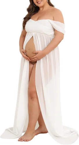 Vestido de maternidad para sesión de fotos con hombros descubiertos, vestido de gasa con abertura frontal, maxi vestidos de embarazo para fotografía