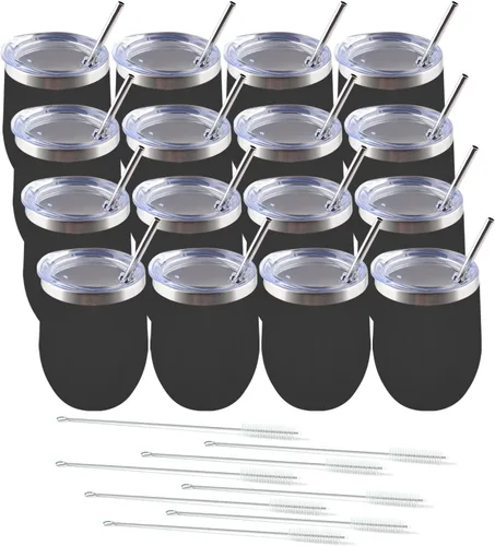 Miniatura 12 de Amtidy Paquete de 12 vasos de acero inoxidable con recubrimiento en polvo con tapa, equipado con popote y cepillo para pajilla, vaso de viaje
