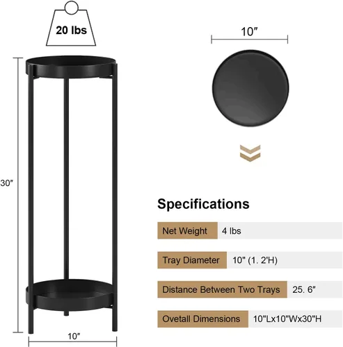 Miniatura 3 de Soporte para Plantas de 30", Soporte de Metal de 2 Niveles para Flores y Plantas con 2 Bandejas Extraíbles para Interior o Exterior, Exhibidor