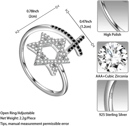 Miniatura 13 de Jewmon Anillo ajustable de estrella de David judía para mujer, plata de ley 925, circonita cúbica, estrella de David, anillo judío abierto, amuleto