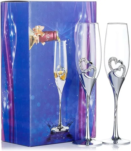 Miniatura 8 de Sziqiqi Juego de 2 copas de champán para boda, copas de flauta de tostado, con diamantes de imitación, decoración de corazones para bodas, Plata