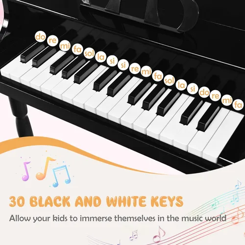 Miniatura 3 de Goplus 30 teclas piano clásico para niños, mini piano de madera estilo grand para aprender a tocar con banco, tapa para piano, estante para música