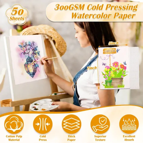 Miniatura 2 de 50 hojas de papel de acuarela de borde deckled de 10.58 oz/m², papel de acuarela hecho a mano de 5 x 7 pulgadas, papel de algodón rugoso