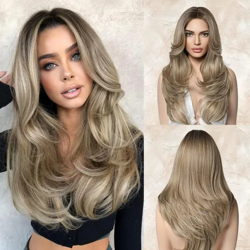 LONAI Pelucas de color castaño ceniza para mujer, 24 pulgadas de largo, color marrón degradado, parte media, peluca de cabello sintético para uso