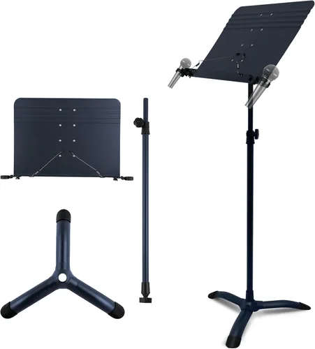 RANMING Soporte de música resistente de doble uso, plegable, para partituras, soporte ajustable para notas musicales con soporte para micrófono, Azul