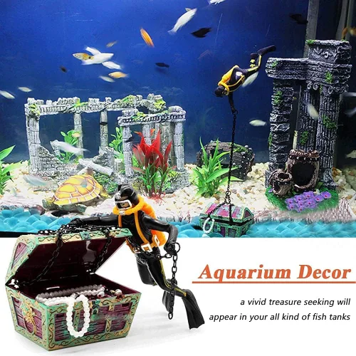 Mesee Decoración de Acuario Buscador de Tesoros Creativo, Ornamento de Pecera Paisaje Submarino Caza del Cofre del Tesoro Buzo Decoración Operada
