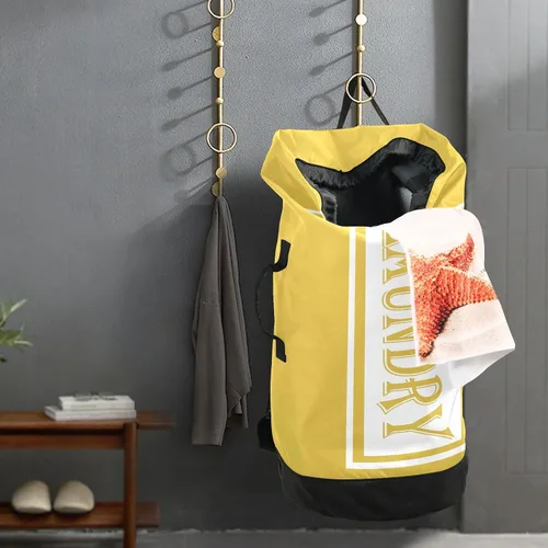 Miniatura 5 de Bolsa de lavandería de viaje de nailon amarillo limón para equipaje sucio resistente organizador de ropa sucia con cierre de cordón y correas