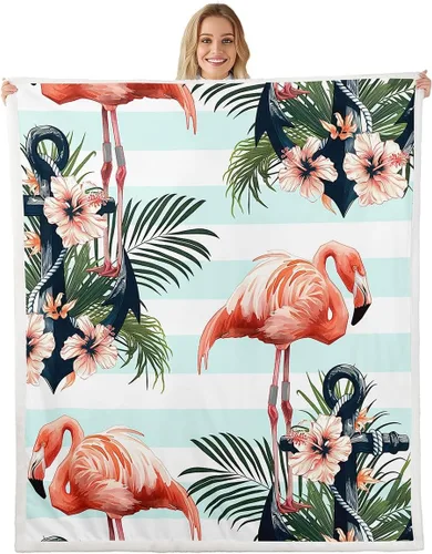 Manfei Manta náutica de ancla con diseño de flamenco, hibisco, hojas de palma, para sofá, manta de cama de rayas azules abstractas para niñas, manta