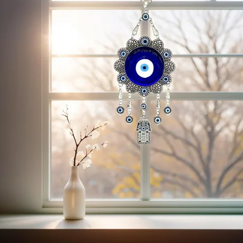 Miniatura 4 de Adorno para colgar en la pared con protección contra el mal de ojo azul con Hamsa para colgar en la pared, diseño de girasol