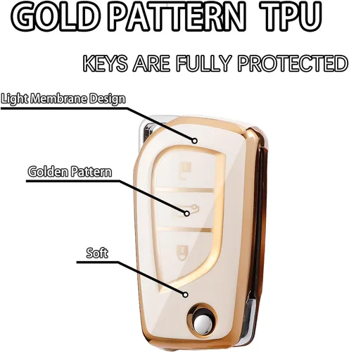 Miniatura 3 de Compatible con funda para llavero Toyota con patrón dorado, TPU suave, protección de 360 grados, para llave inteligente Fortuner Tundra Camry RAV4