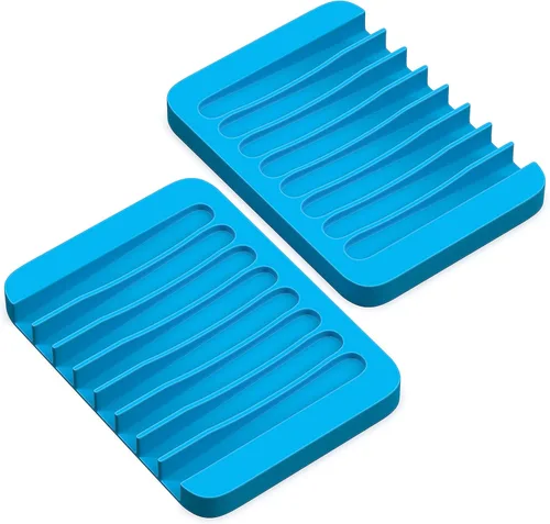 ZAPPOWARE - Jabonera autodrenante para barra de jabón, paquete de 2 protectores de jabón de drenaje de cascada de silicona azul para ducha, baño,