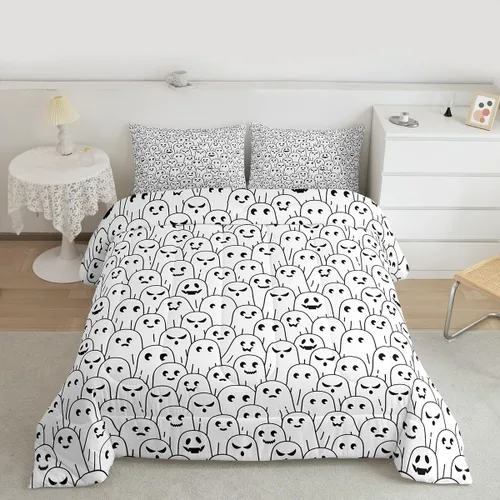 Miniatura 13 de Juego de edredón de Halloween, ropa de cama individual con diseño de calabaza y gato para niñas y niños, juego de ropa de cama de poción mágica